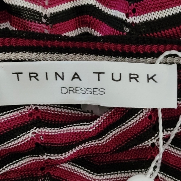 Trina Turk Purple, Black White Chevron Knit Belted Shift Knee Length Dress M - Picture 8 of 10